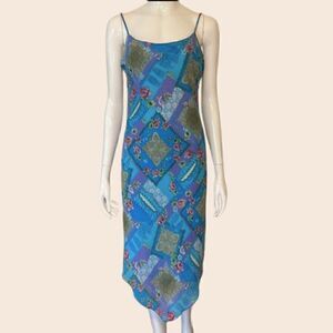 Vintage My Michelle Blue & Green Patchwork Handkerchief Midi Dress Size 9
